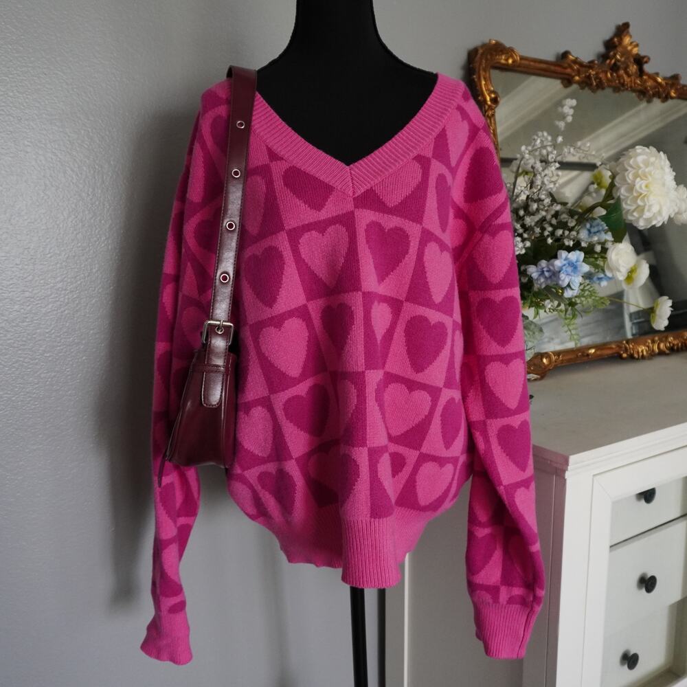 Pink Heart Checkerboard Oversized V Neck Sweater Y2K Coquette